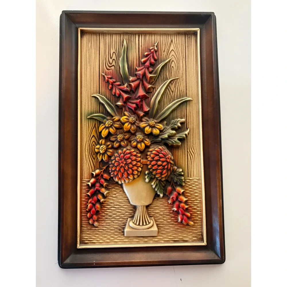 Vintage 3D Floral Wall Plaque Mid Century Burwood Style Flower Vase Decor 16x9.5